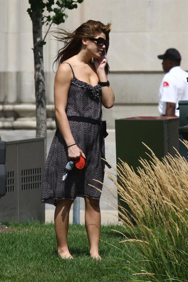 Ashley Greene walking her dog around her hotel in Detroit on July 17, 2010 