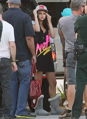 Selena Gomez, Vanessa Hudgens and Ashley Benson on the set of Spring Breakers on March 27, 2012