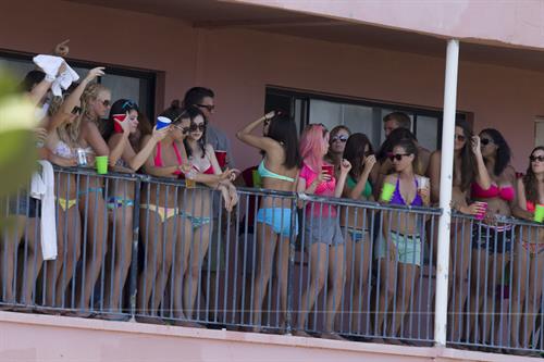 Selena Gomez, Vanessa Hudgens and Ashley Benson on the set of Spring Breakers on March 21, 2012