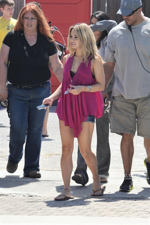 Selena Gomez, Vanessa Hudgens and Ashley Benson on the set of Spring Breakers on March 21, 2012
