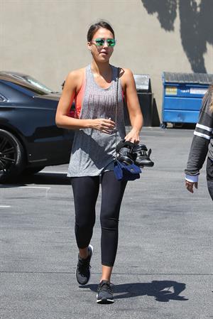 Jessica Alba in leggings outside a Soul Cycle class in Los Angeles, July 2015