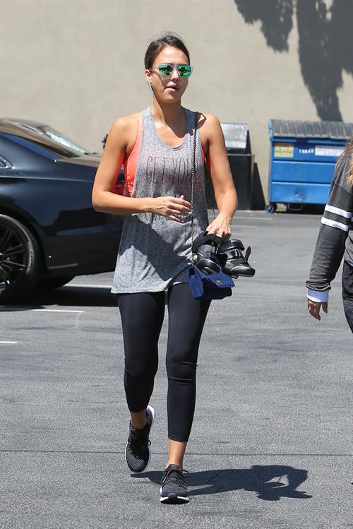Jessica Alba in leggings outside a Soul Cycle class in Los Angeles, July 2015