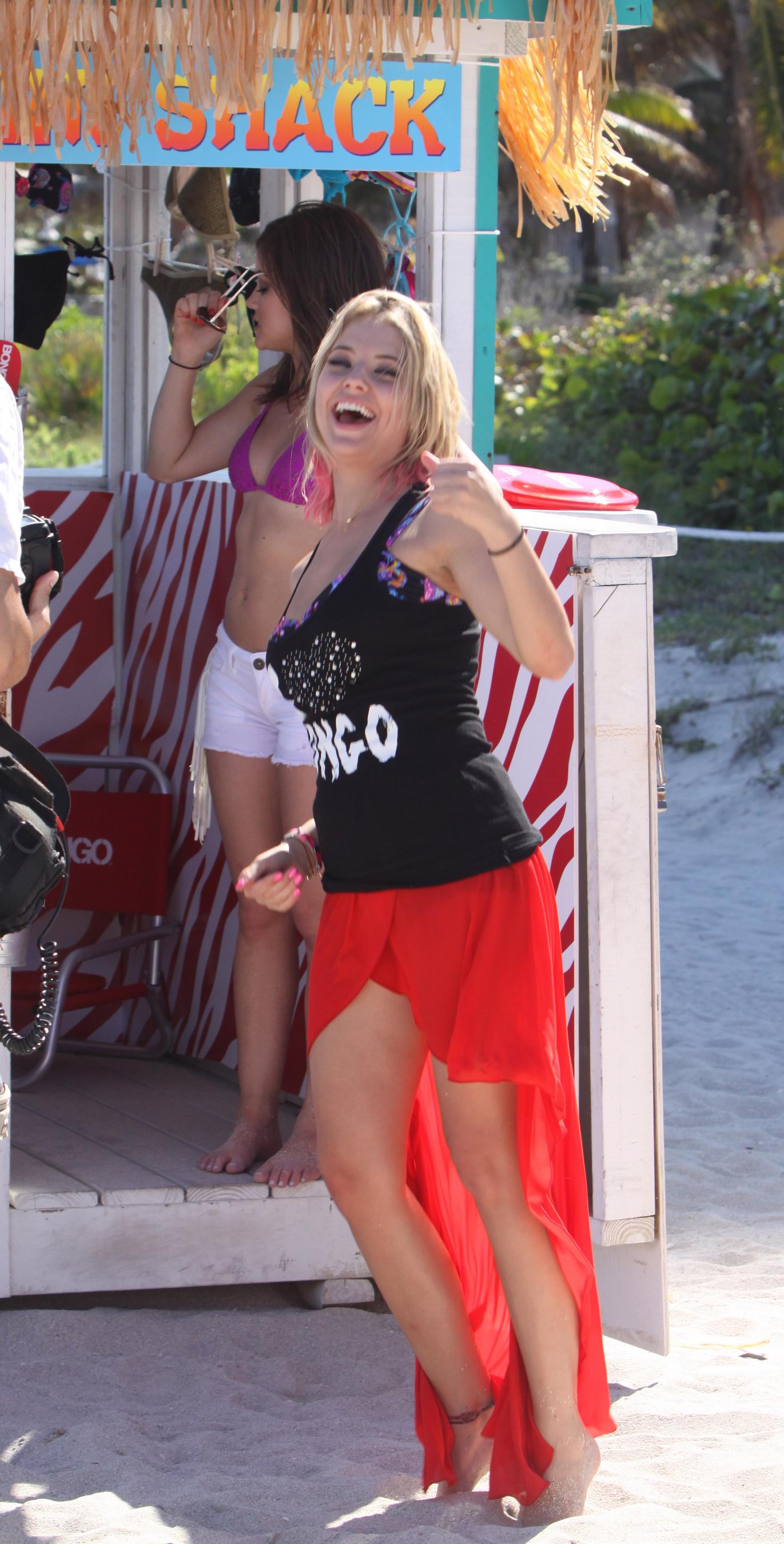Lucy Hale and Ashley Benson photoshoot at the Bondo Bikini Shack on Miami Beach on March 24, 2012