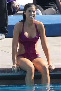 Katherine Webb, Miss Alabama USA 2012, in a pink swimsuit on the set for the TV show 'Celebrity Diving' in Los Angeles.