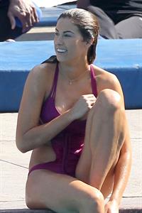 Katherine Webb, Miss Alabama USA 2012, in a pink swimsuit on the set for the TV show 'Celebrity Diving' in Los Angeles.