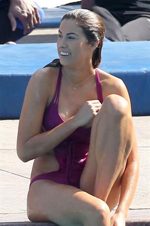 Katherine Webb, Miss Alabama USA 2012, in a pink swimsuit on the set for the TV show 'Celebrity Diving' in Los Angeles.