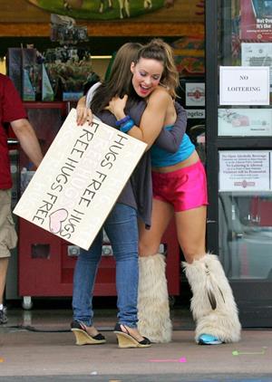 Olivia Wilde in shorts on the set of film free hugs in California July 29, 2011 