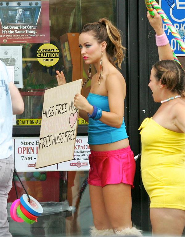 Olivia Wilde in shorts on the set of film free hugs in California July 29, 2011 