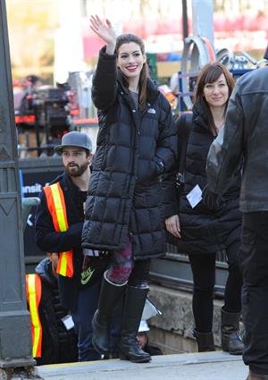 Anne Hathaway on the Dark Knight Rises set in New York City 4-11-2011 