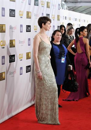 Anne Hathaway attends the Critics' Choice Movie Awards 2013 with Skinnygirl Cocktails at Barkar Hangar