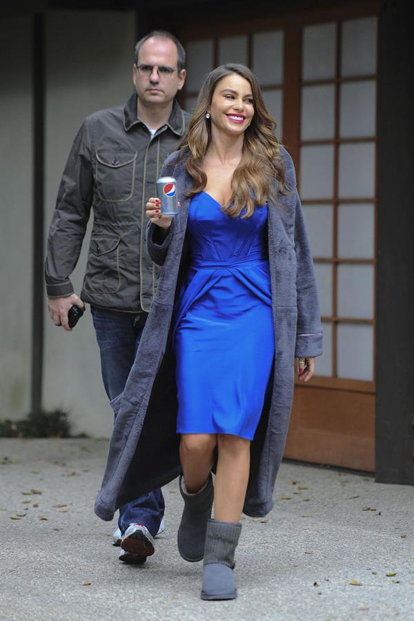 Sofia Vergara takes a break while shooting her newest Diet Pepsi commercial 12/16/12 