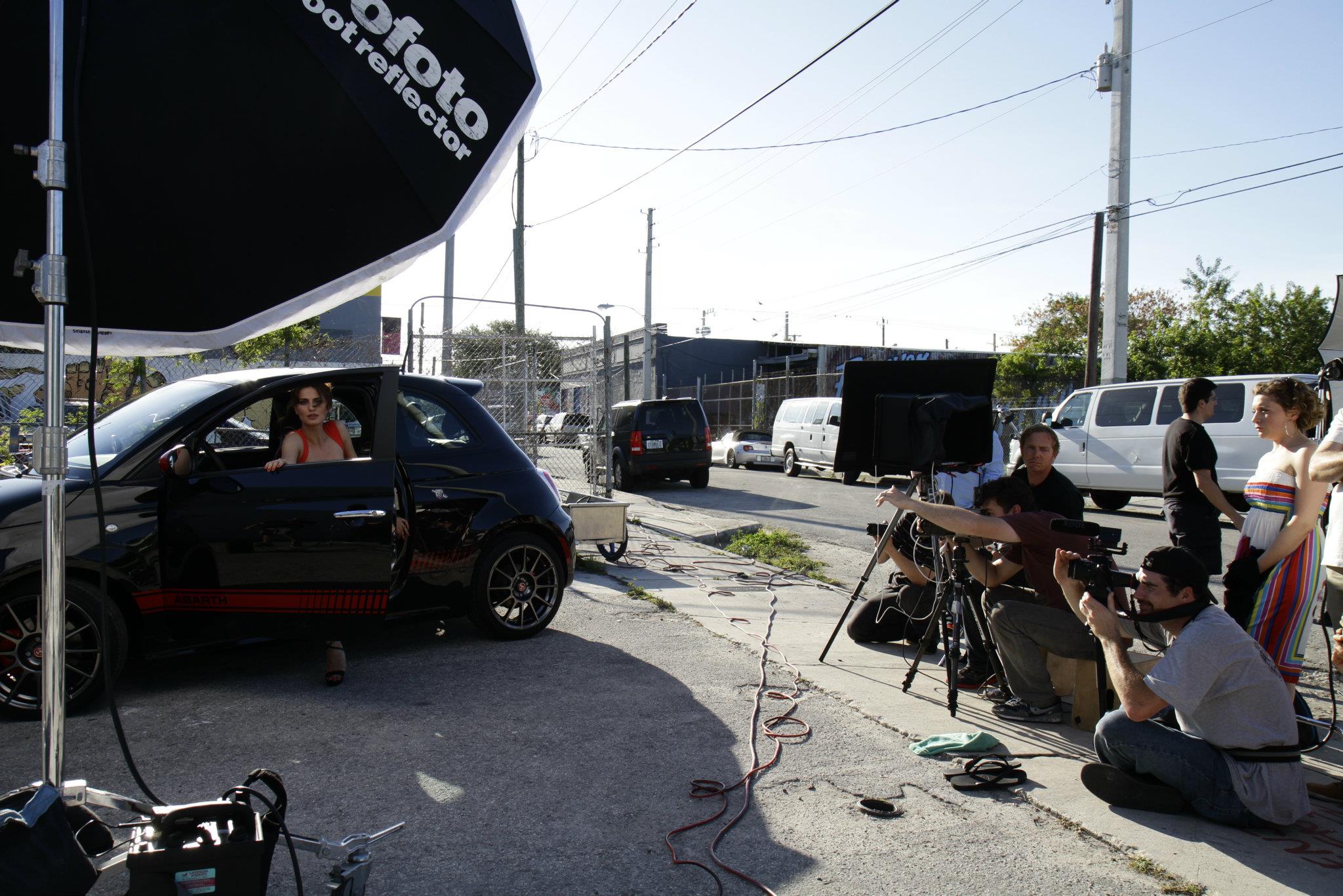 Catrinel Menghia - filming Fiat 500 Abarth ad  