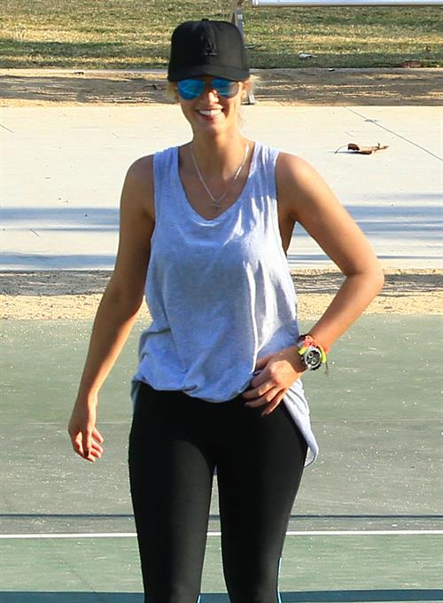 Delta Goodrem playing basketball with a friend in Los Angeles, California on November 3, 2013 