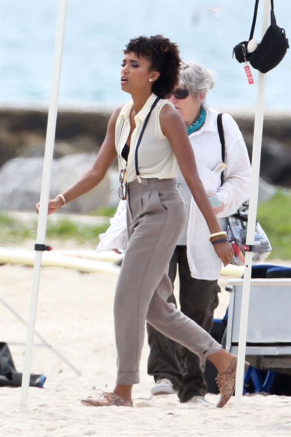 Annie Ilonzeh filming Charlie's Angels on a beach in Miami 02-09-11