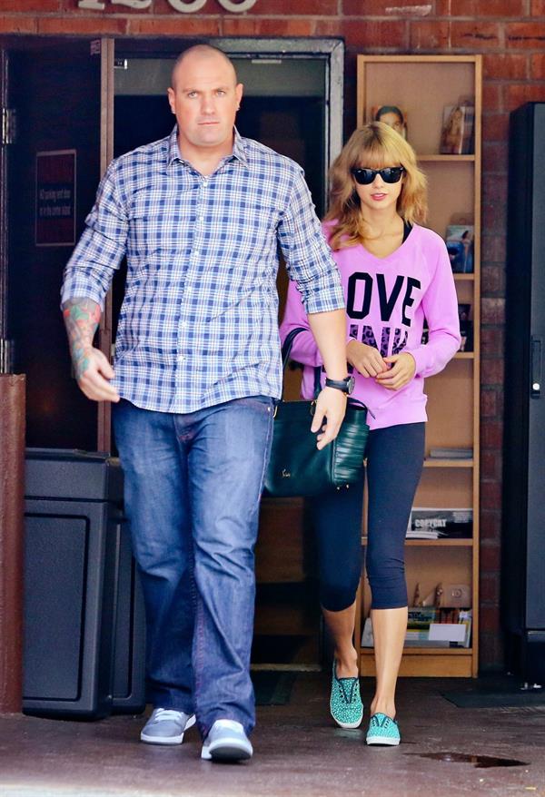 Taylor Swift in a Love Pink shirt in Los Angeles on 10/24/13  