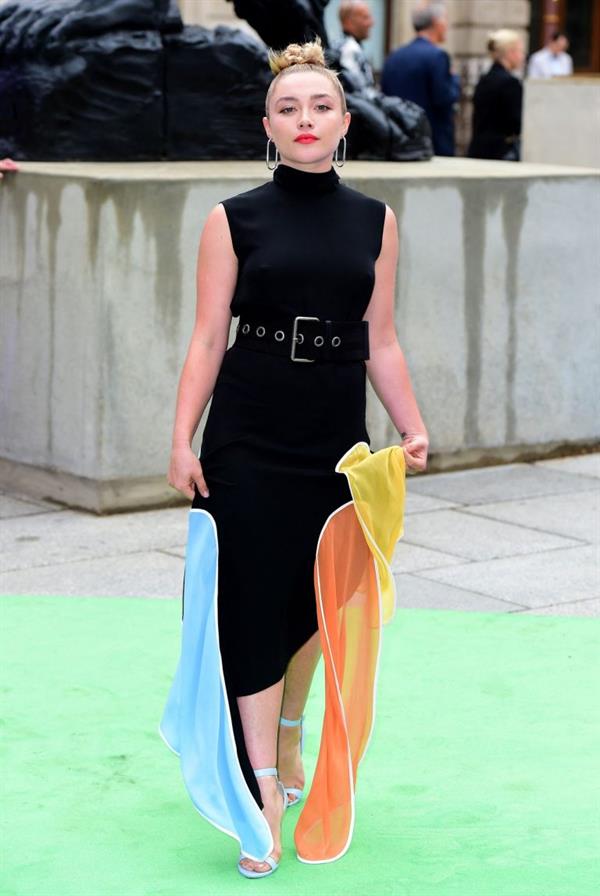 Florence Pugh braless tits pokies in a black dress.















