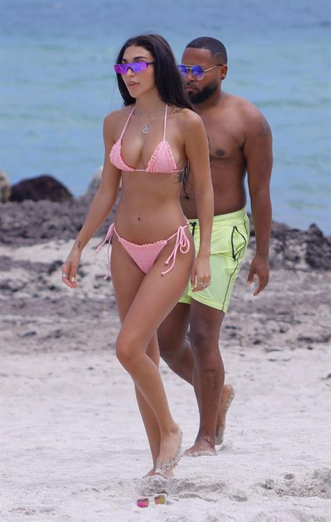 Chantel Jeffries Bikini Pictures Chantel Jeffries sexy ass in a bikini at the beach in Miami seen by paparazzi showing nice cleavage.