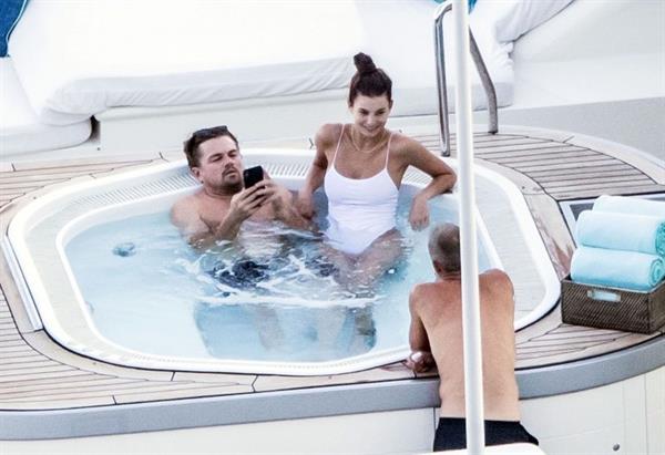 Camila Morrone in a sexy swimsuit in a hot tub on a yacht with Leonardo DiCaprio seen by paparazzi.










