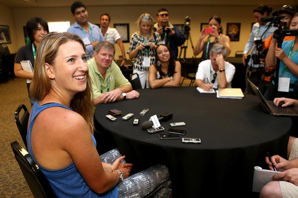 Victoria Azarenka speaks to the media during All Access Hour during Day1 of the BNP Paribas Open in Indian Wells 