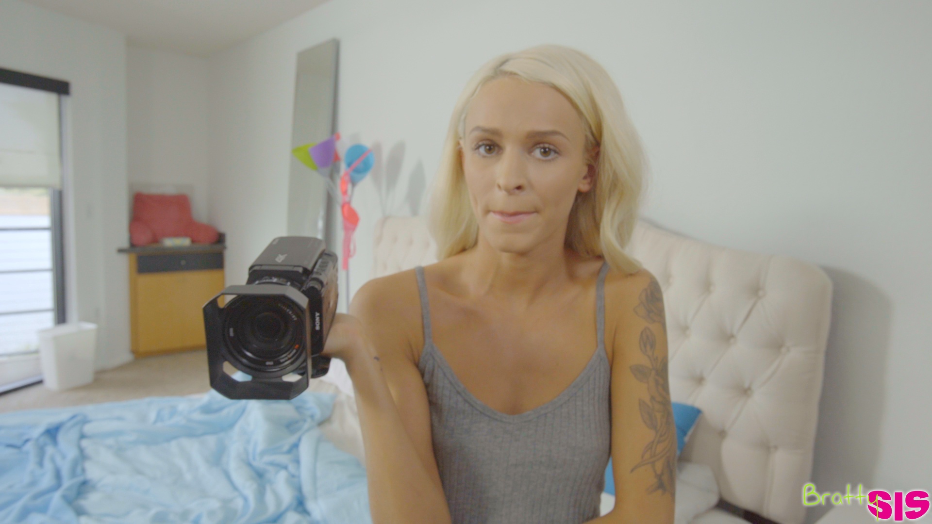 Blonde teen Emma Hix gives her stepbrother a stiffie ride in her bald fuck hole then sucks his hardon til he explodes