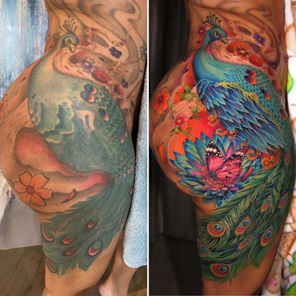 Cardi B showed off her naked sexy ass booty while displaying her giant peacock tattoo she had redone after ten years it looks much better.
