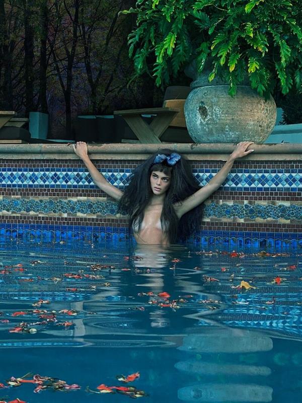Kendall Jenner topless new photo preview from a nude photoshoot naked in a pool showing off her tits for i-D magazine the rest should arrive soon.