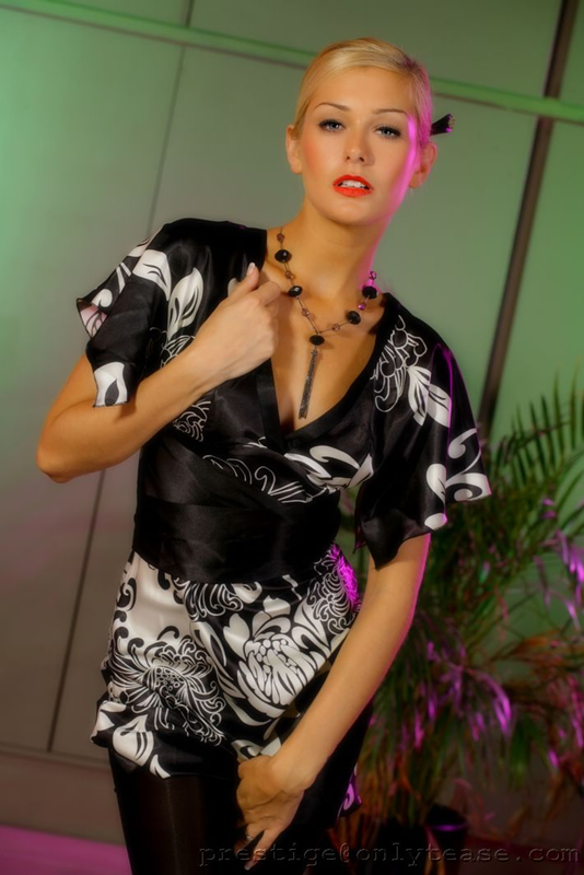  Stunning blonde Natasha Marley in sexy kimono and dark pantyhose. 