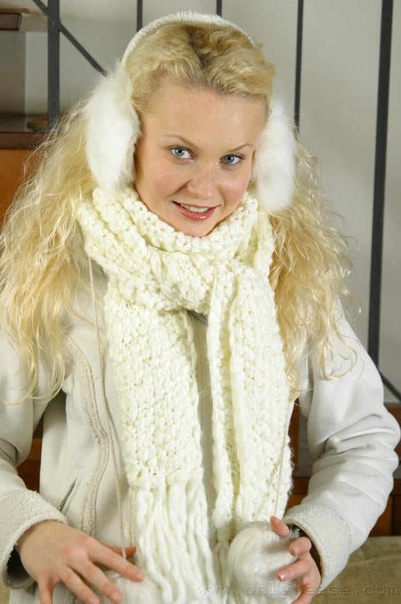  Gorgeous blonde Karen in winter coat with lingerie underneath 