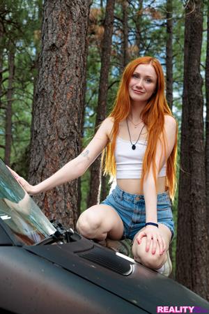 Exhibitionist redhead Scarlet Skies shows us her new van and then how she fucks her stepbrother on the bed inside